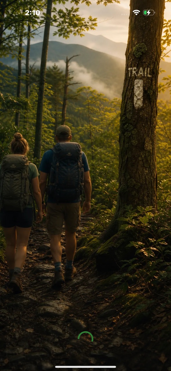 TrailDash opening screen with hikers on a forest trail