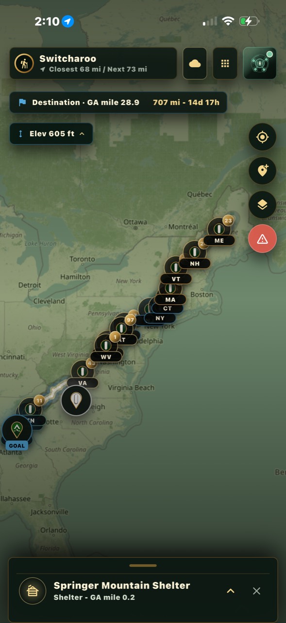 Whole-trail Appalachian Trail map with shelter card