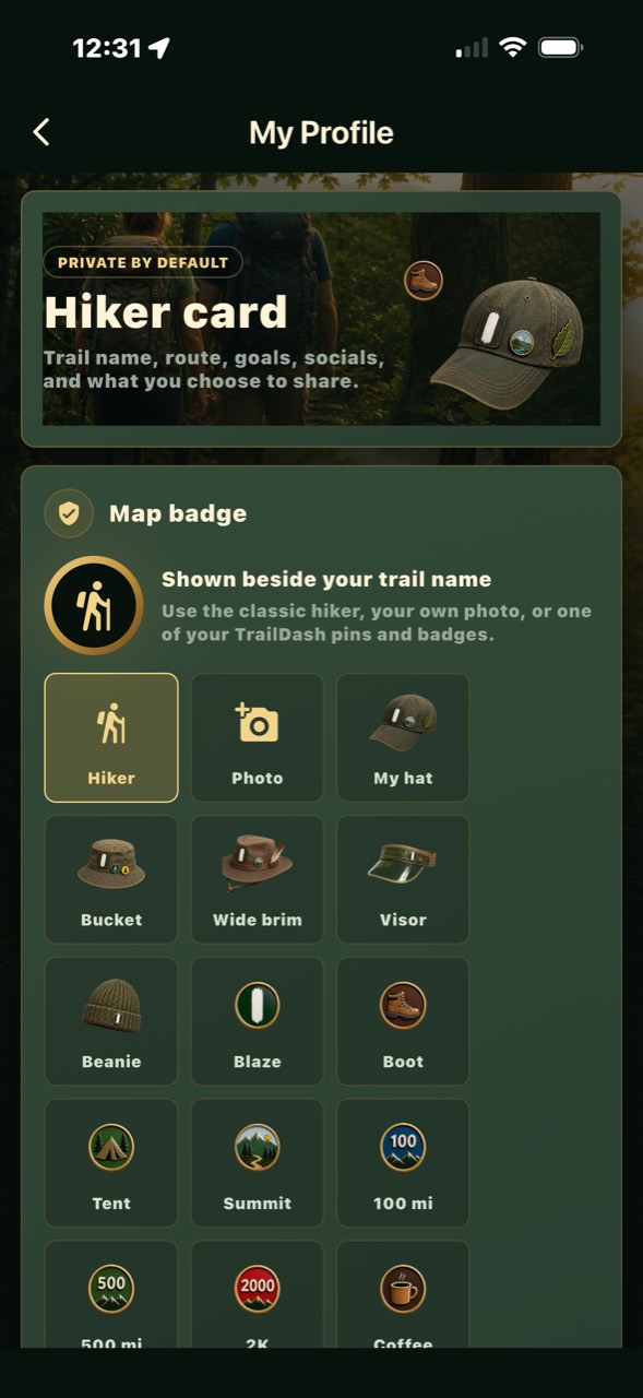 Private-by-default hiker profile with collectible badges and hats