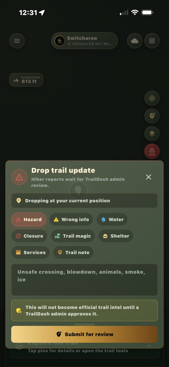 Community trail update form for hazards, water, closures, and trail notes